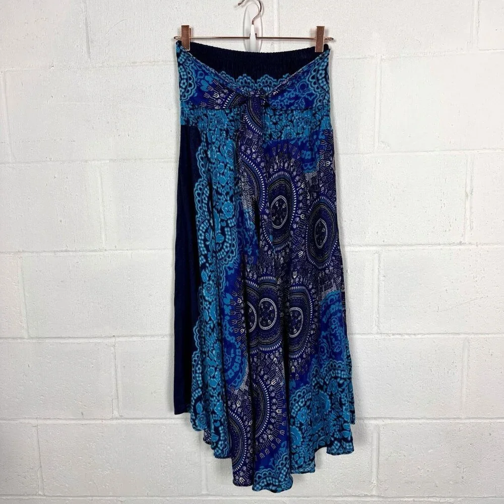 Blue Floral Skirt‎ Asymmetric Tie Waist Smocked Whimsigoth Gypsy Fairy Grunge S